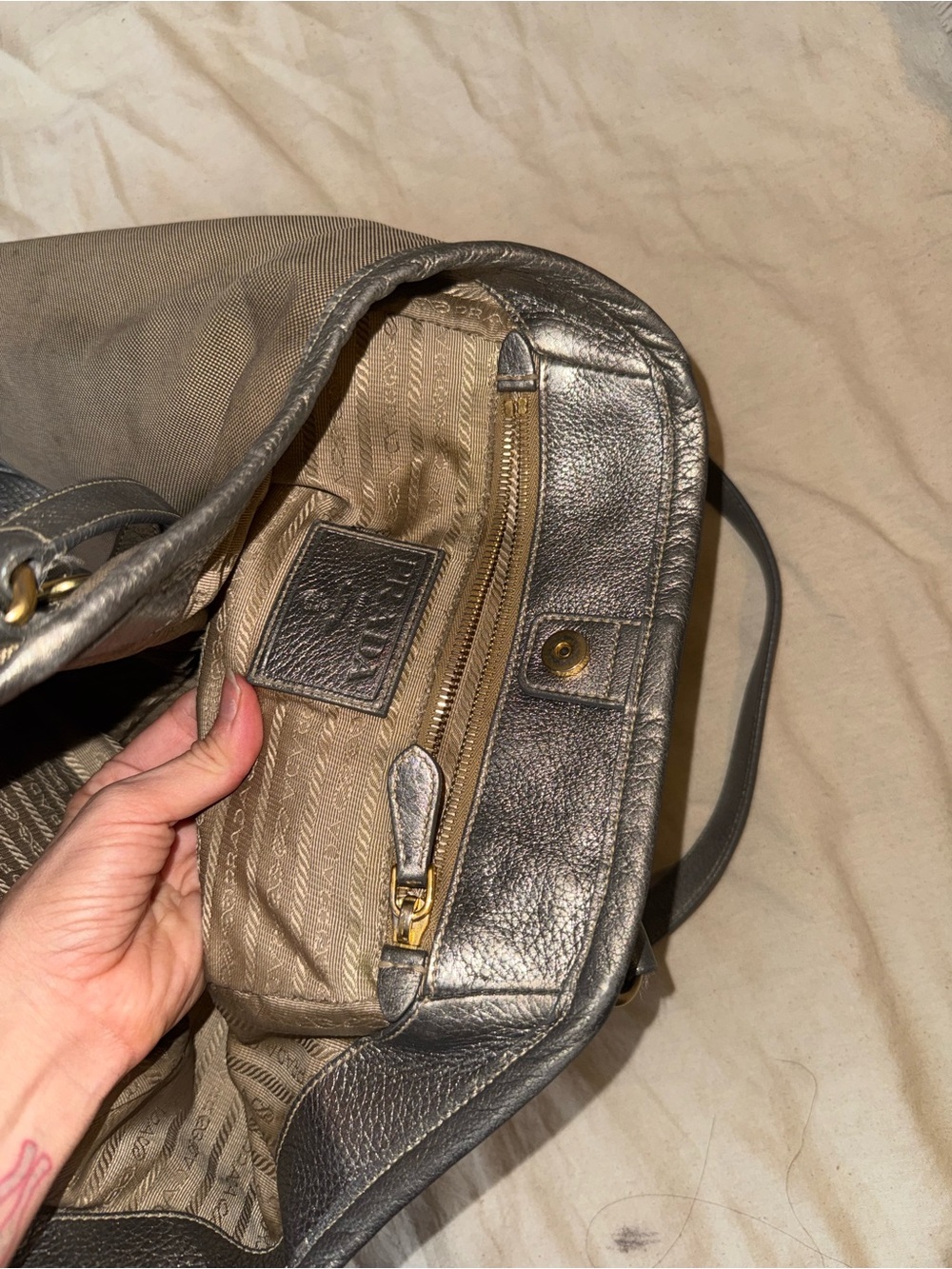 Prada Taupe Canvas Tote with Silver Leather Trim - Picture 7 of 8